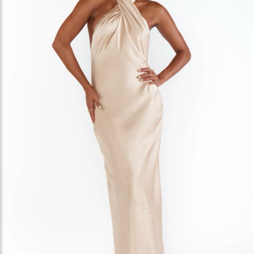 Jasmine Halter Maxi Bridesmaid Dress in Champagne Satin